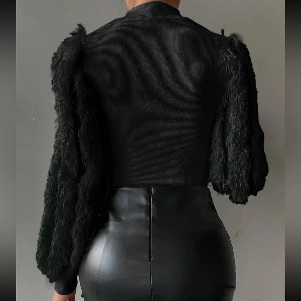 Cozy Faux Fur Fuzzy Long Puff Cuff Sleeve Mock Neck Top Blouse Shirt Black - Picture 2 of 16